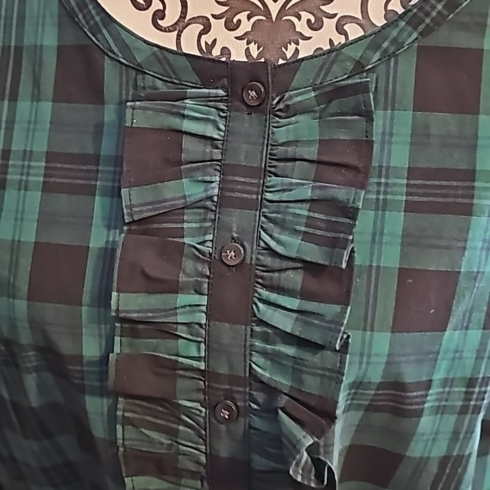 Draper James sz XXL Ruffle Placket Tunic green Blackwatch Plaid shirt WT102 - Picture 3 of 7
